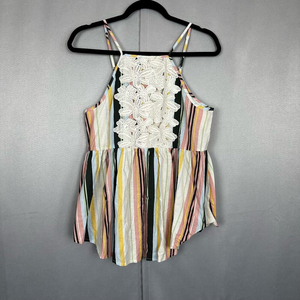 Women's Taylor & Sage Linen Blend Tank Top Pastel Stripe Crochet Casual- Size XL